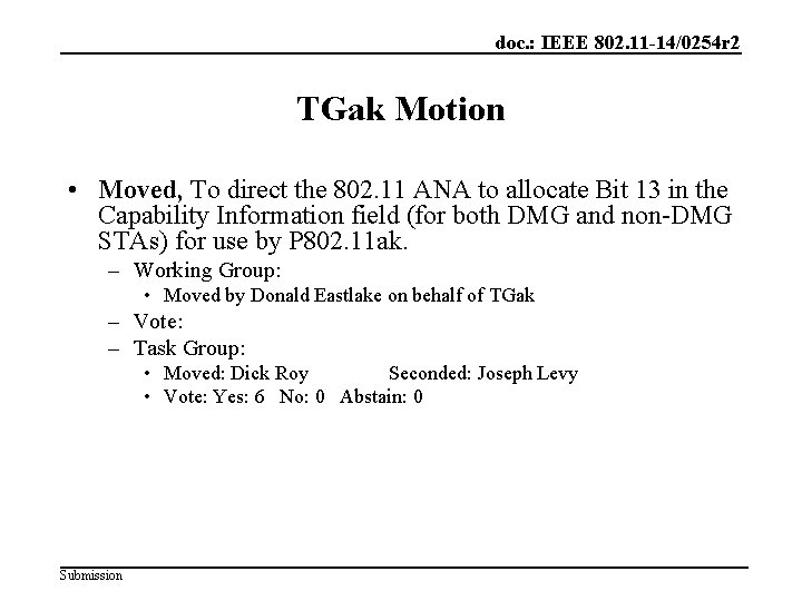 doc. : IEEE 802. 11 -14/0254 r 2 TGak Motion • Moved, To direct