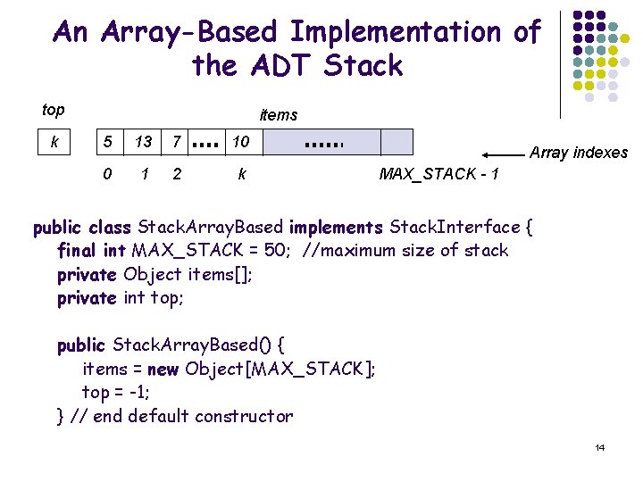 An Array-Based Implementation of the ADT Stack top k items 5 13 7 10