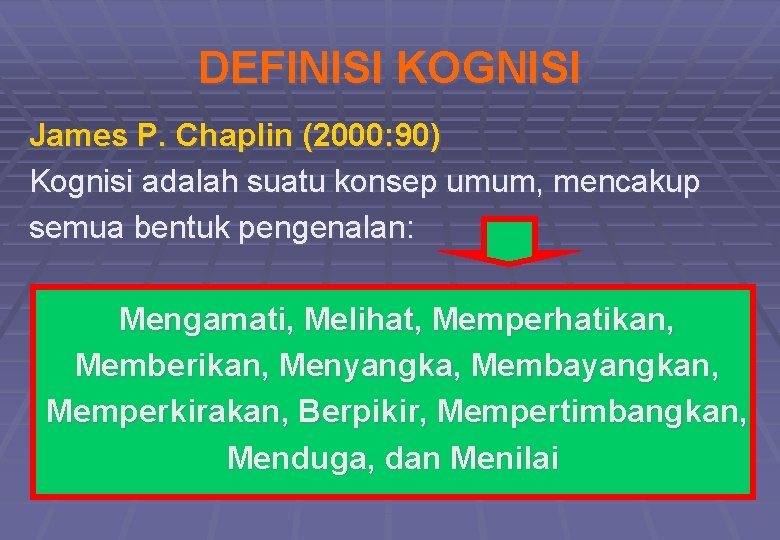 DEFINISI KOGNISI James P. Chaplin (2000: 90) Kognisi adalah suatu konsep umum, mencakup semua