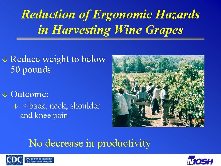 Reduction of Ergonomic Hazards in Harvesting Wine Grapes â Reduce weight to below 50