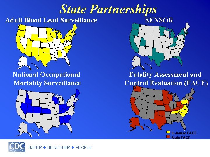 State Partnerships Adult Blood Lead Surveillance National Occupational Mortality Surveillance SENSOR Fatality Assessment and