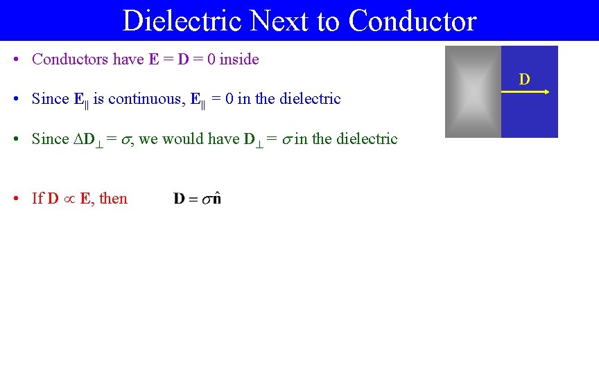 Dielectric Next to Conductor • Conductors have E = D = 0 inside D