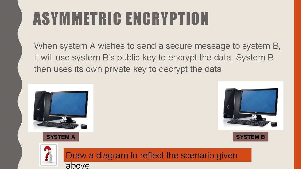 ASYMMETRIC ENCRYPTION When system A wishes to send a secure message to system B,