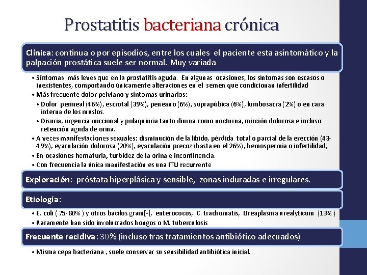 Prostatitis bacteriana crónica Clínica: continua o por episodios, entre los cuales el paciente esta