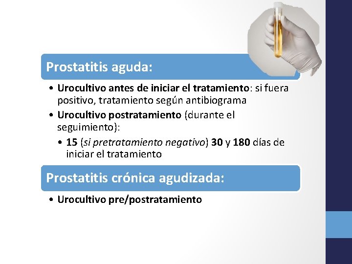 Prostatitis aguda: • Urocultivo antes de iniciar el tratamiento: si fuera positivo, tratamiento según