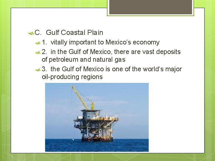  C. Gulf Coastal Plain 1. vitally important to Mexico’s economy 2. in the