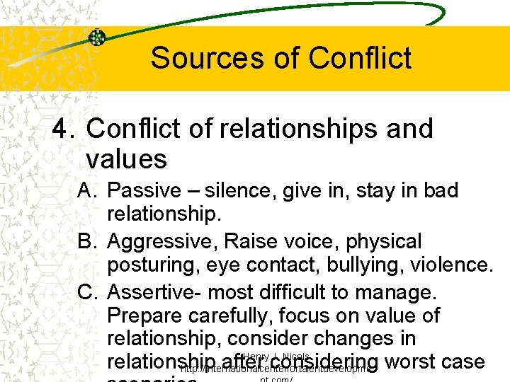 Sources of Conflict 4. Conflict of relationships and values A. Passive – silence, give Sources of Conflict 4. Conflict of relationships and values A. Passive – silence, give