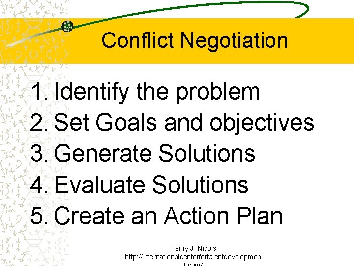 Conflict Negotiation 1. Identify the problem 2. Set Goals and objectives 3. Generate Solutions Conflict Negotiation 1. Identify the problem 2. Set Goals and objectives 3. Generate Solutions
