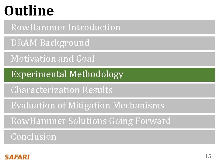 Outline Row. Hammer Introduction DRAM Background Motivation and Goal Experimental Methodology Characterization Results Evaluation