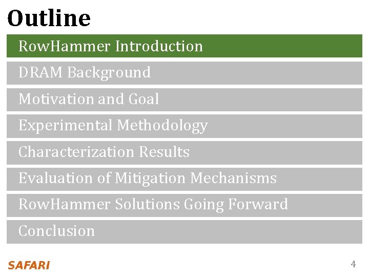 Outline Row. Hammer Introduction DRAM Background Motivation and Goal Experimental Methodology Characterization Results Evaluation