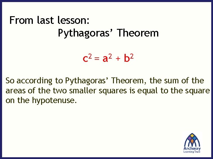 From last lesson: Pythagoras’ Theorem c 2 = a 2 + b 2 So