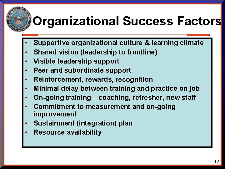 Organizational Success Factors • • Supportive organizational culture & learning climate Shared vision (leadership Organizational Success Factors • • Supportive organizational culture & learning climate Shared vision (leadership