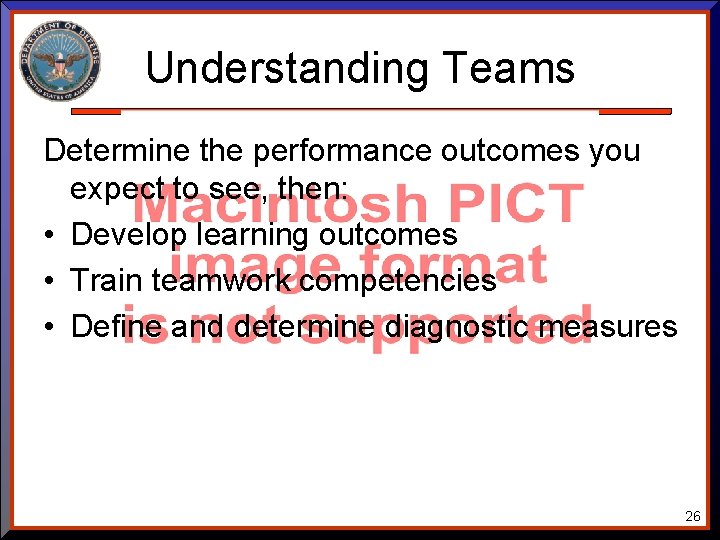Understanding Teams Determine the performance outcomes you expect to see, then: • Develop learning Understanding Teams Determine the performance outcomes you expect to see, then: • Develop learning