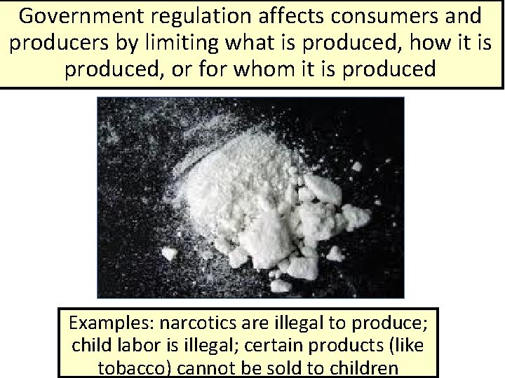 Government regulation affects consumers and producers by limiting what is produced, how it is