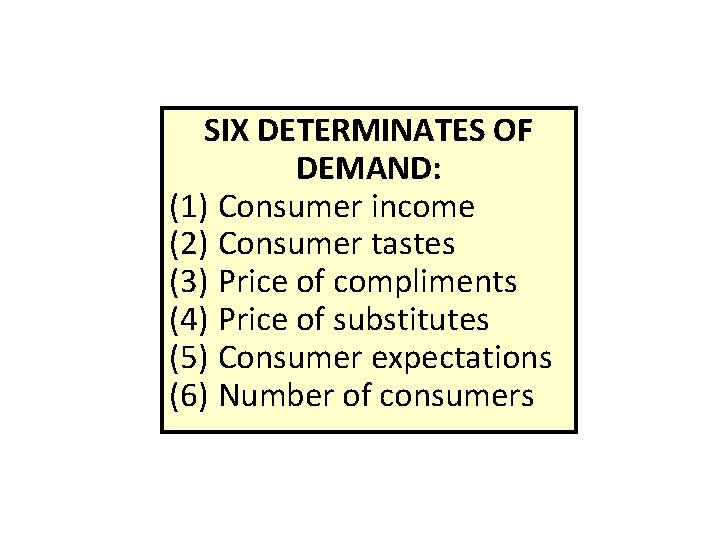 SIX DETERMINATES OF DEMAND: (1) Consumer income (2) Consumer tastes (3) Price of compliments