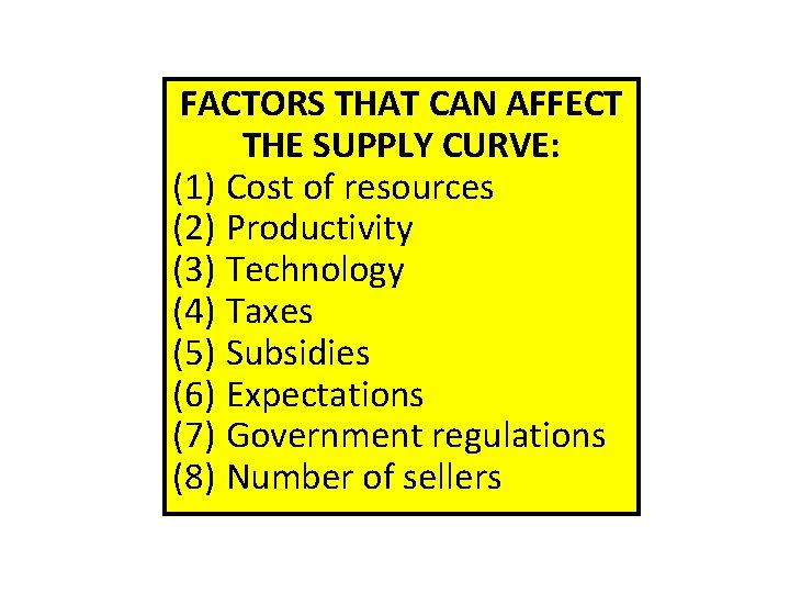 FACTORS THAT CAN AFFECT THE SUPPLY CURVE: (1) Cost of resources (2) Productivity (3)