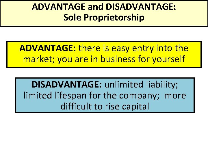 ADVANTAGE and DISADVANTAGE: Sole Proprietorship ADVANTAGE: there is easy entry into the market; you