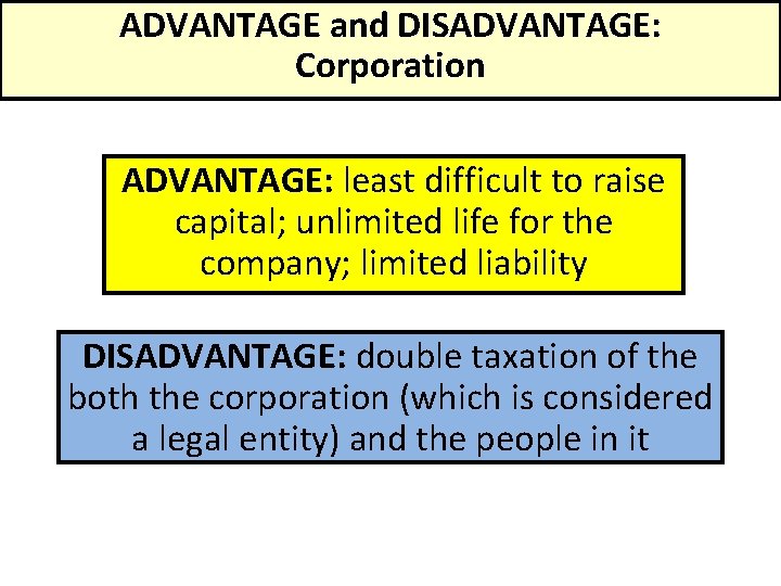 ADVANTAGE and DISADVANTAGE: Corporation ADVANTAGE: least difficult to raise capital; unlimited life for the
