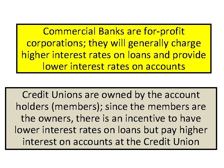Commercial Banks are for-profit corporations; they will generally charge higher interest rates on loans