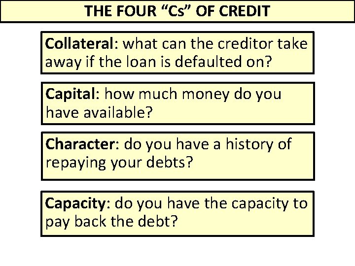 THE FOUR “Cs” OF CREDIT Collateral: what can the creditor take away if the