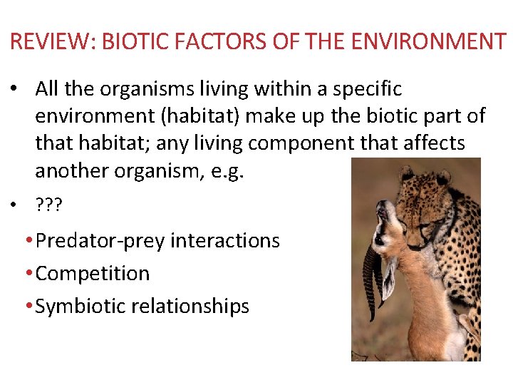 REVIEW: BIOTIC FACTORS OF THE ENVIRONMENT • All the organisms living within a specific REVIEW: BIOTIC FACTORS OF THE ENVIRONMENT • All the organisms living within a specific