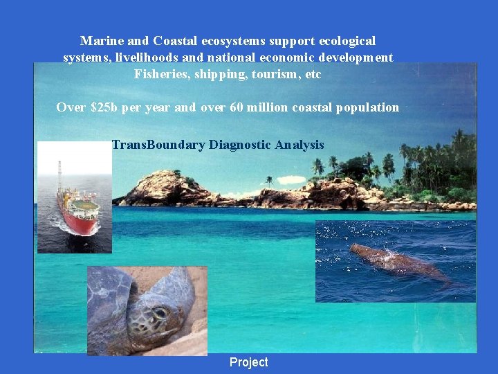 Marine and Coastal ecosystems support ecological systems, livelihoods and national economic development Fisheries, shipping,