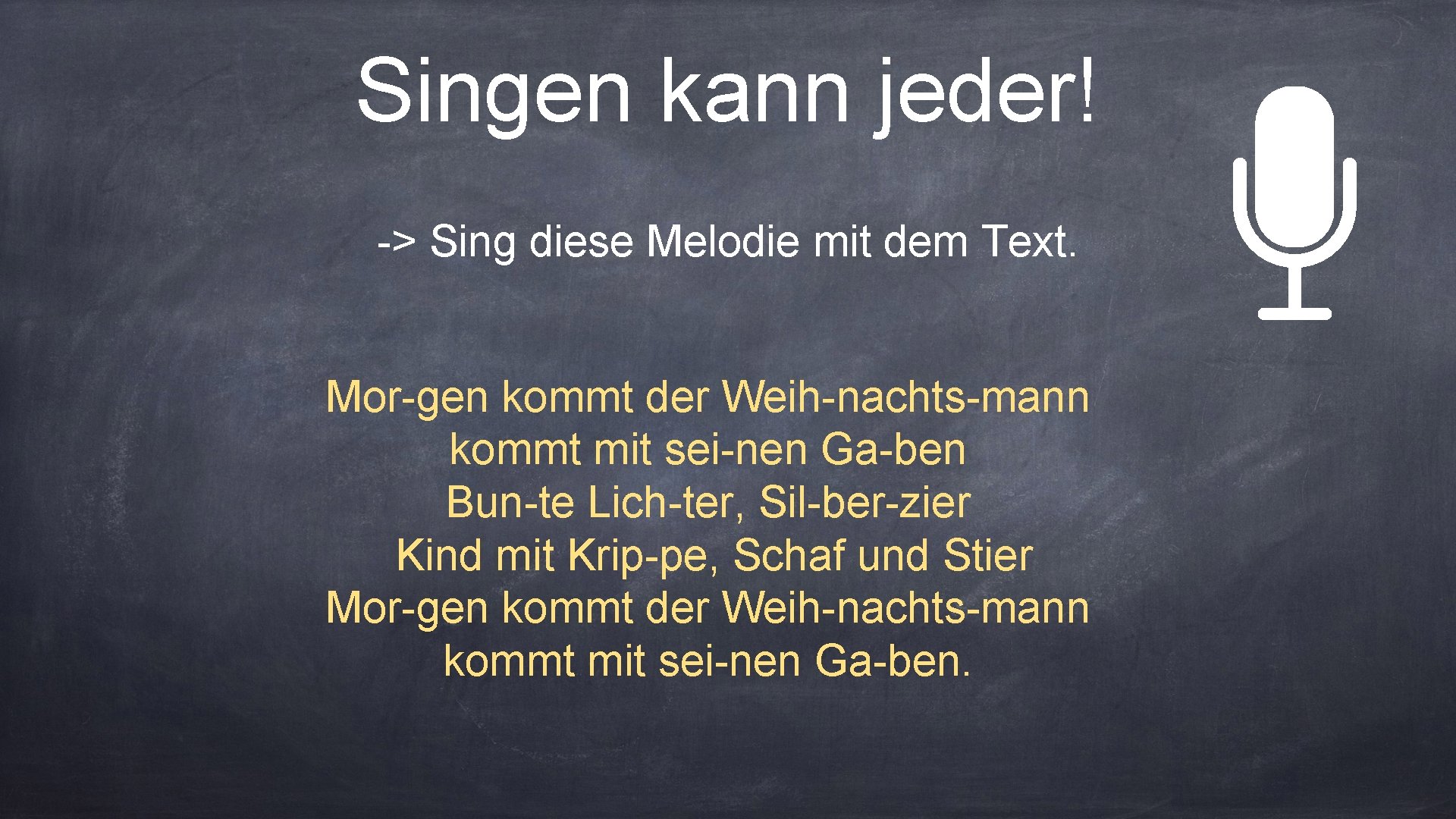 Singen kann jeder! -> Sing diese Melodie mit dem Text. Mor-gen kommt der Weih-nachts-mann