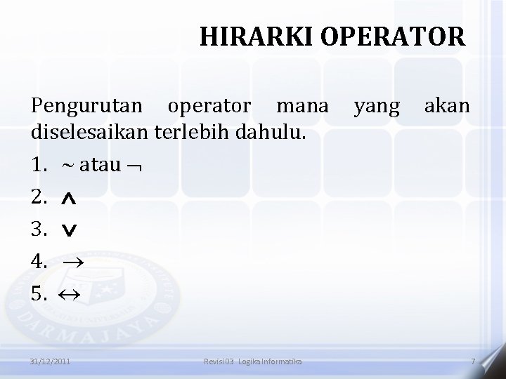 HIRARKI OPERATOR Pengurutan operator mana diselesaikan terlebih dahulu. 1. atau 2. 3. 4. 5.