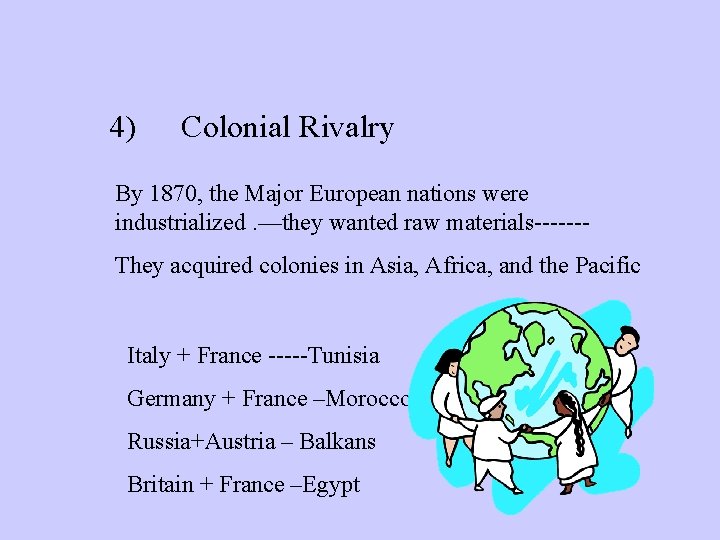 4) Colonial Rivalry By 1870, the Major European nations were industrialized. —they wanted raw