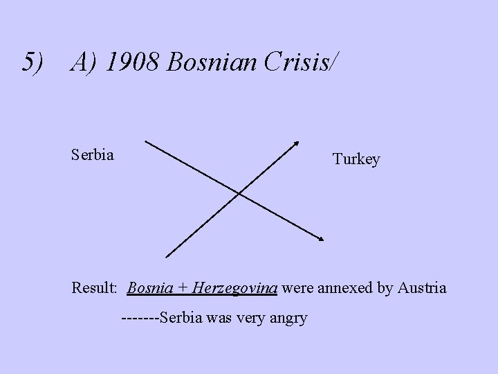 5) A) 1908 Bosnian Crisis/ Serbia Turkey Result: Bosnia + Herzegovina were annexed by
