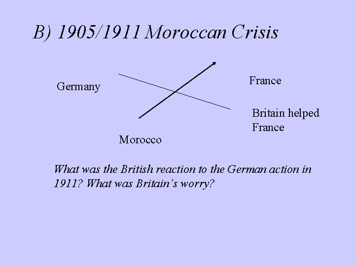 B) 1905/1911 Moroccan Crisis France Germany Morocco Britain helped France What was the British