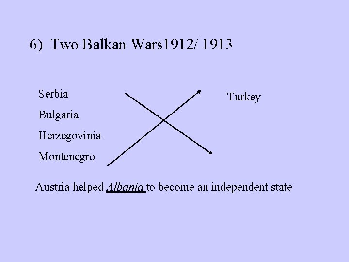 6) Two Balkan Wars 1912/ 1913 Serbia Turkey Bulgaria Herzegovinia Montenegro Austria helped Albania