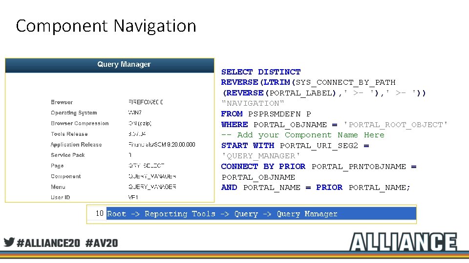 Component Navigation SELECT DISTINCT REVERSE(LTRIM(SYS_CONNECT_BY_PATH (REVERSE(PORTAL_LABEL), ' >- ')) "NAVIGATION" FROM PSPRSMDEFN P WHERE