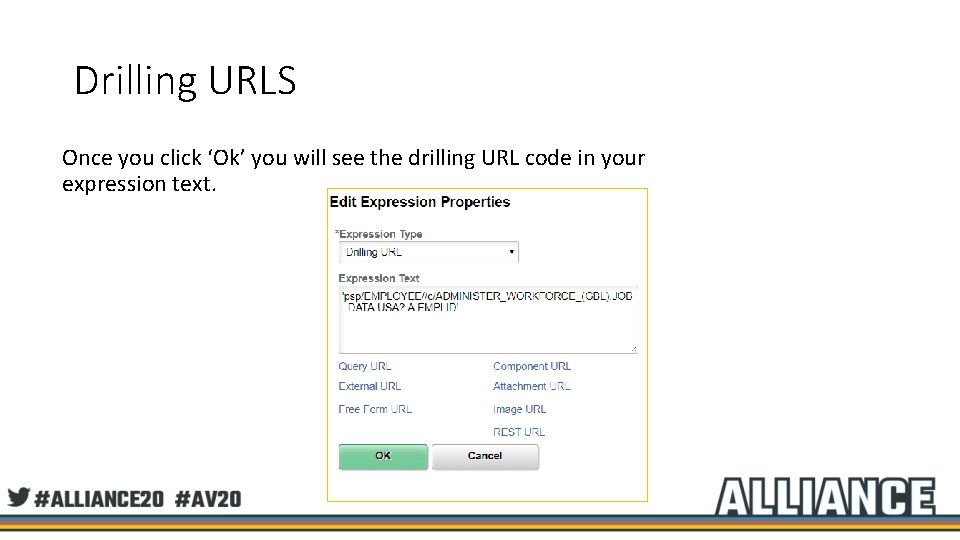Drilling URLS Once you click ‘Ok’ you will see the drilling URL code in