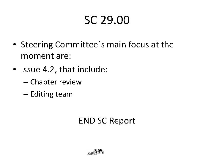 SC 29. 00 • Steering Committee´s main focus at the moment are: • Issue