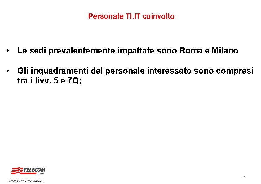 Personale TI. IT coinvolto • Le sedi prevalentemente impattate sono Roma e Milano •