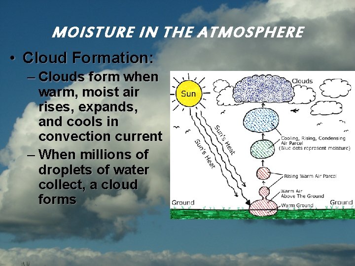 MOISTURE IN THE ATMOSPHERE • Cloud Formation: – Clouds form when warm, moist air