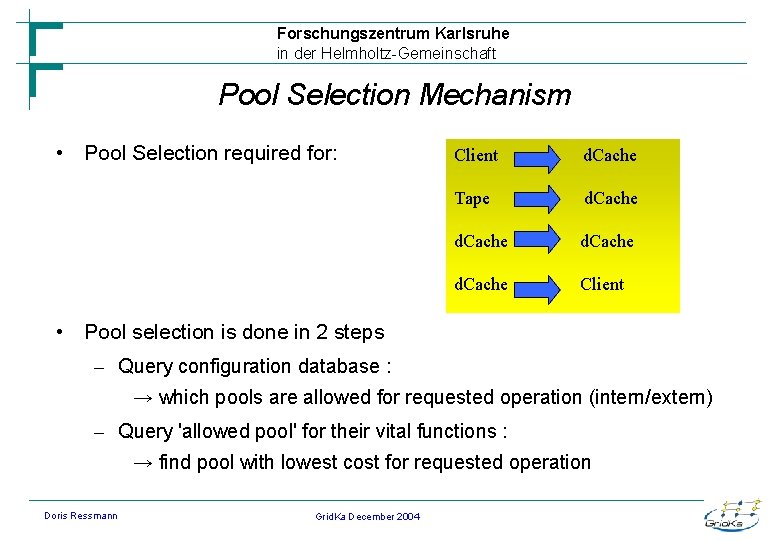 Forschungszentrum Karlsruhe in der Helmholtz-Gemeinschaft Pool Selection Mechanism • Pool Selection required for: Client