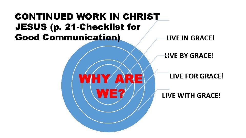 CONTINUED WORK IN CHRIST JESUS (p. 21 -Checklist for LIVE IN GRACE! Good Communication) CONTINUED WORK IN CHRIST JESUS (p. 21 -Checklist for LIVE IN GRACE! Good Communication)