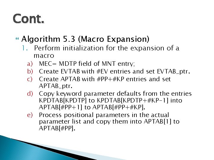 Cont. Algorithm 5. 3 (Macro Expansion) 1. Perform initialization for the expansion of a