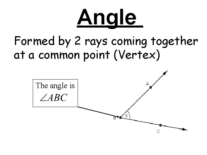 Angle Formed by 2 rays coming together at a common point (Vertex) The angle Angle Formed by 2 rays coming together at a common point (Vertex) The angle