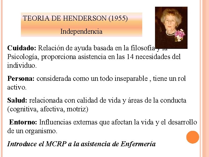 TEORIA DE HENDERSON (1955) Independencia Cuidado: Relación de ayuda basada en la filosofía y