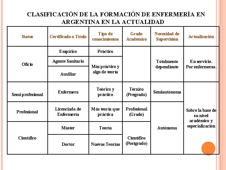 CLASIFICACIÓN DE LA FORMACIÓN DE ENFERMERÍA EN ARGENTINA EN LA ACTUALIDAD Status Oficio Certificado
