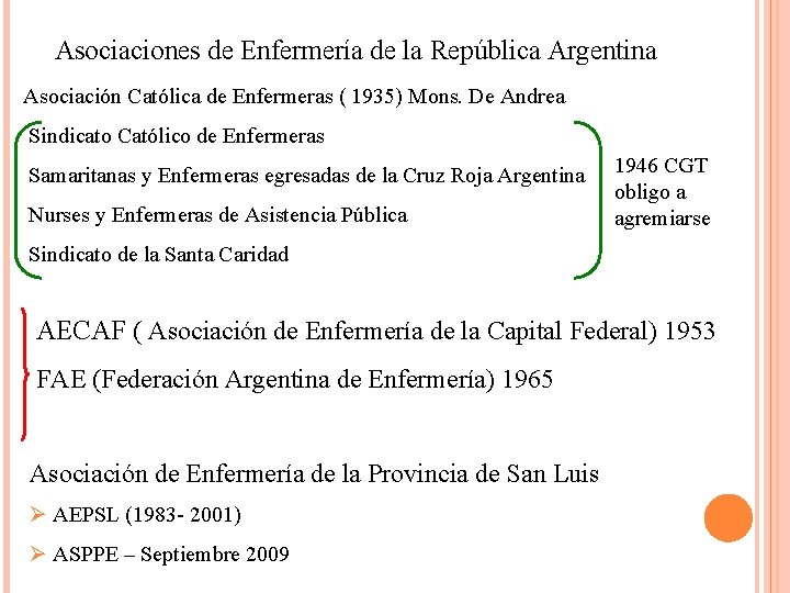 Asociaciones de Enfermería de la República Argentina Asociación Católica de Enfermeras ( 1935) Mons.