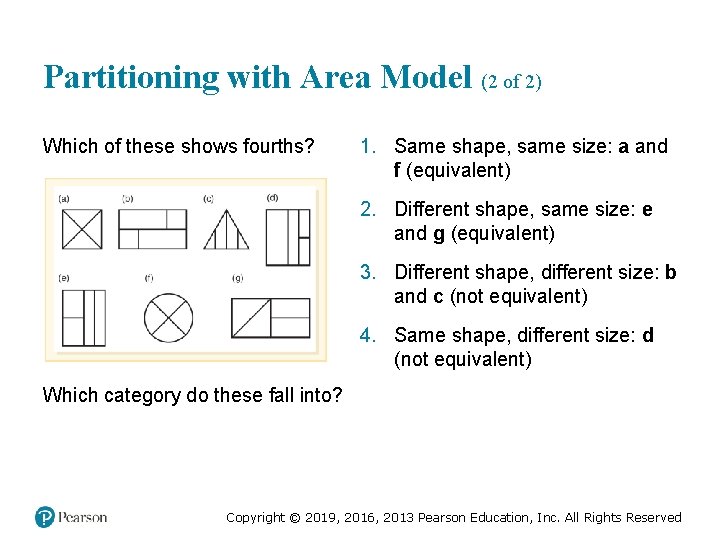 Partitioning with Area Model (2 of 2) Which of these shows fourths? 1. Same