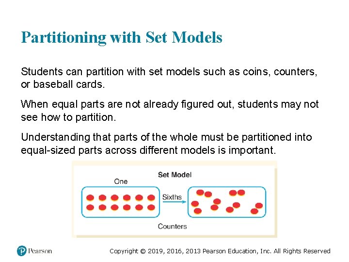 Partitioning with Set Models Students can partition with set models such as coins, counters,