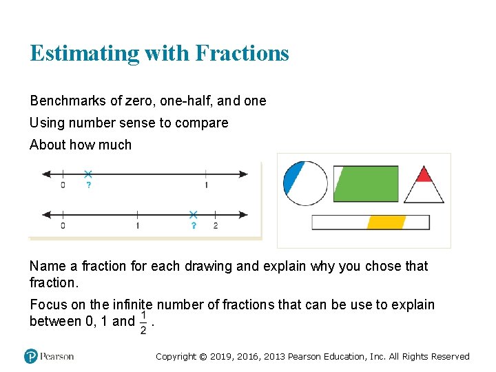 Estimating with Fractions Benchmarks of zero, one-half, and one Using number sense to compare