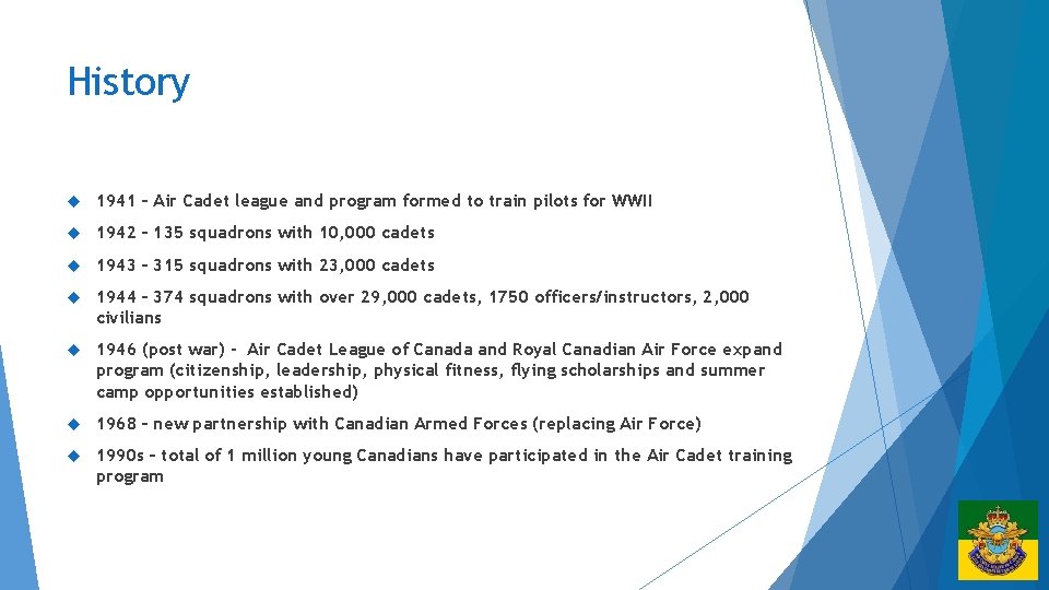 History 1941 – Air Cadet league and program formed to train pilots for WWII
