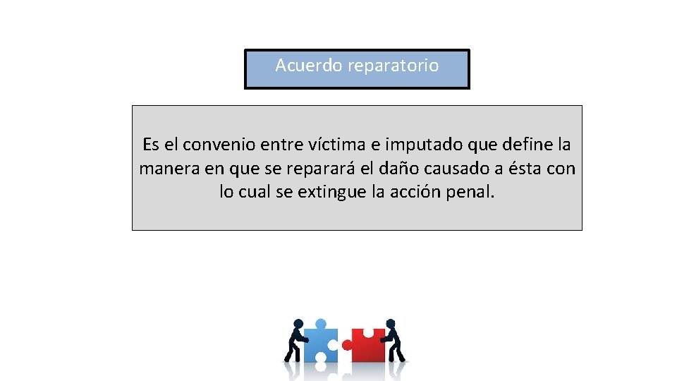 Acuerdo reparatorio Es el convenio entre víctima e imputado que define la manera en