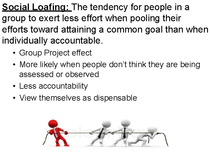 Social Loafing: The tendency for people in a group to exert less effort when